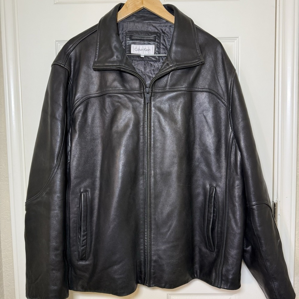 Calvin Klein Black Leather Jacket Men's XL‎ Soft Quilt Lined Classic Full Zip